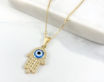 18k Gold Filled Hamsa Pendant or Necklace Featuring Center Blue Evil Eye Wholesale Jewelry Supplies