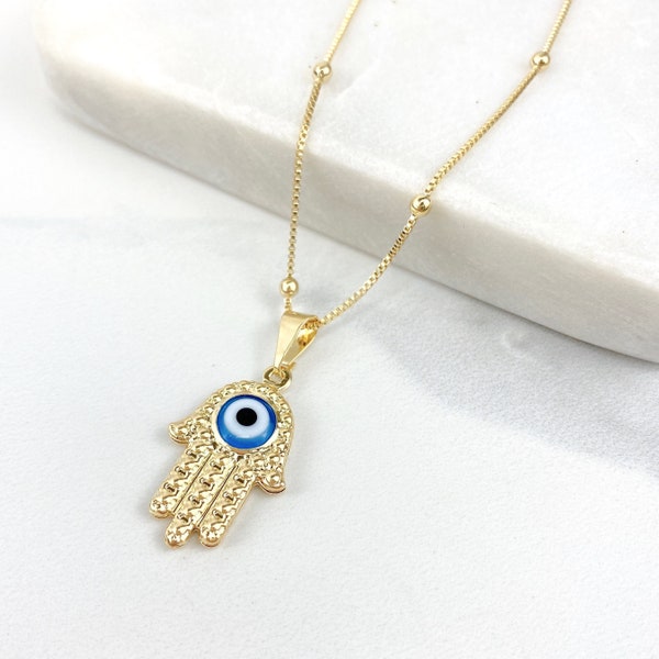 18k Gold Filled Hamsa Pendant or Necklace Featuring Center Blue Evil Eye Wholesale Jewelry Supplies