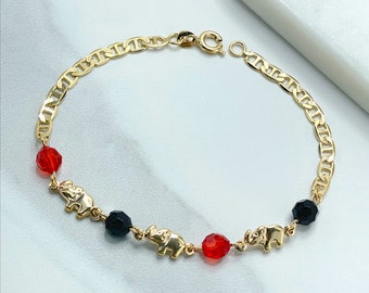 18k Gold Filled 4mm Mariner Link, Elephants, Red and Black, Charms Bracelet, Lucky & Protection, Wholesale Jewelry Supplies