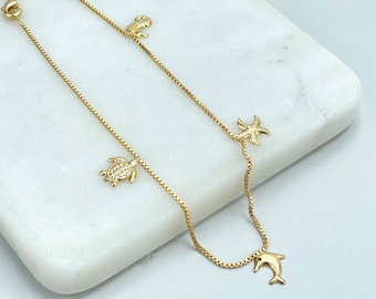 18k Gold Filled 1mm Box Chain & Dangle Ocean Beach Tropical Charms, Turtle, Dolphin, Starfish, Seahorse Anklet, Wholesale Jewelry Supplies