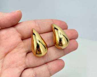 18K Gold Filled Teardrop Stud Earrings, Puffy Drop Statement Shine