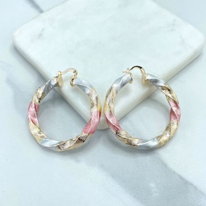 18k Gold Filled 35mm or 45mm Tri-Tone, Tri-Color, Gold Silver Pink, Twisted Design Hoops Earrings, Wholesale Jewelry Making Supplies