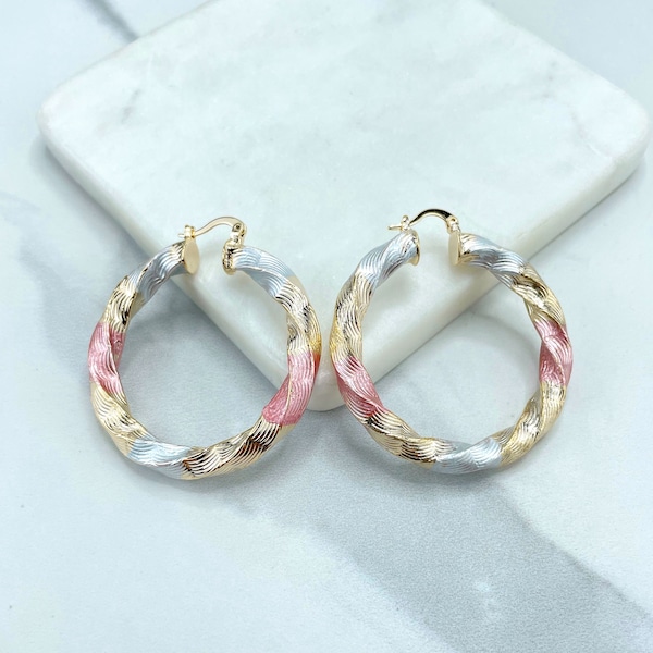 18k Gold Filled 35mm or 45mm Tri-Tone, Tri-Color, Gold Silver Pink, Twisted Design Hoops Earrings, Wholesale Jewelry Making Supplies