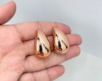 Rose Gold Filled 31mm Gold Dome Earrings, Chunky Vintage Drop Shape Earrings, Teardrop Puffed Earrings, Wholesale Jewelry