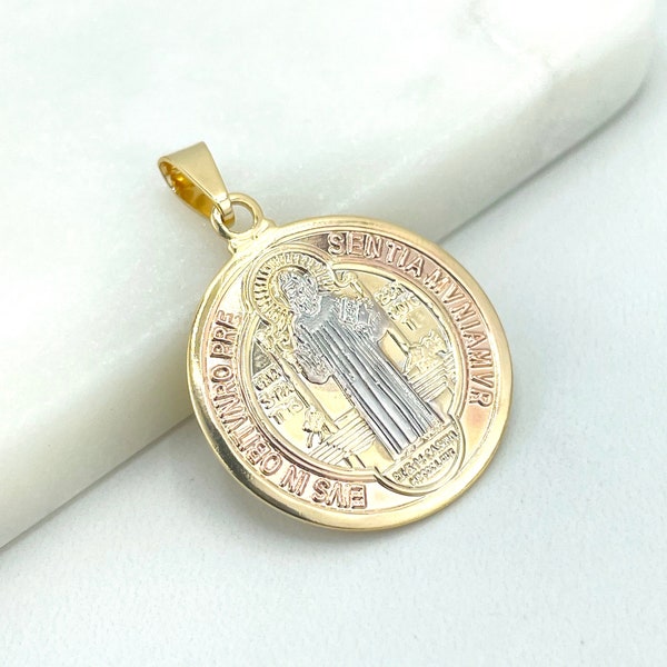 18k Gold Filled Three Tone Saint Benedict Reversible Medal Pendant Charms, Catholic Roman Protection, Wholesale Jewelry Making Supplies