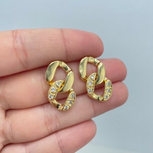 18k Gold Filled Drop Stud Earrings Featuring Micro Pave Cubic Zirconia, Curb Link Style, Wholesale Jewelry