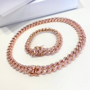 14K Rose Gold Filled 10mm Iced Miami Cuban Chain Featuring Double Safety Lock Box Cubic Zirconia, Chain or Bracelet, Wholesale Jewelry