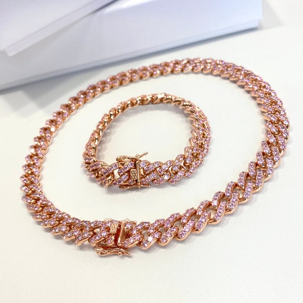 14K Rose Gold Filled 10mm Iced Miami Cuban Chain Featuring Double Safety Lock Box Cubic Zirconia, Chain or Bracelet, Wholesale Jewelry