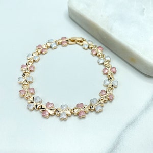 18k Gold Filled Tri-Tone Texturized Clover Bracelet, Tri-Color Linked Clover Bracelet, Wholesale Jewelry Making Supplies