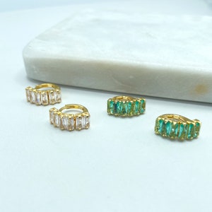 18k Gold Filled Baguette Cubic Zirconia Clear or Green Huggie Earrings, Fine Classic Jewelry, Wholesale Jewelry