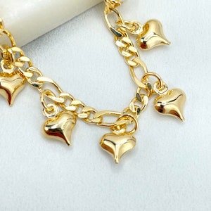 Bracelet en or 18 carats, maillon de chaîne Figaro de 3 mm avec joli bracelet à breloques en forme de coeurs soufflés, prix de gros bijoux