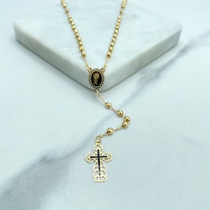 18k Gold Filled Rosary Gold Beads 17.5 Inches Necklace, Black Enamel Virgin Madonna, Delicate Cross, Virgin Mary Rosary, Wholesale Jewelry