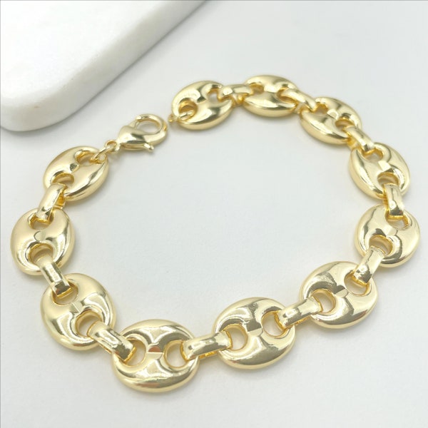 18k Gold Filled 12mm Puffy Mariner Style Link Chain Bracelet, Lobster Claw, 7 Inches Long, Wholesale Jewelry Making Supplies