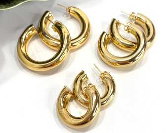 Orecchini a cerchio aperti tubolari a ciambella riempiti in oro 18k da 35 mm, 30 mm, 25 mm, C-Hoops, chiusura a pressione, forniture all'ingrosso per gioielli