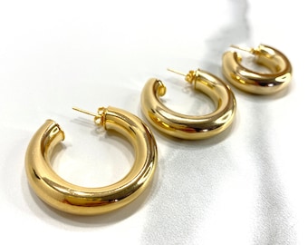 18k Gold Filled Donut Tubular Open Hoop Earrings 25mm, 30mm, 35mm, 45mm, C-Hoops Push Back Closure Wholesale Jewelry Supplies