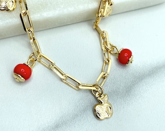18k Gold Filled Anklet, 3mm Paperclip Chain with Cute Dangle Gold Apples & Red Beads, Wholesale Price Jewelry