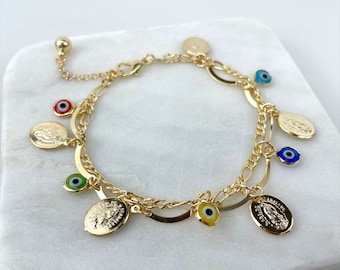18k Gold Filled Mariner Link, Guadalupe Virgin, Colored Evil Eye Charms Bracelet, Anklet or Necklace  Wholesale Jewelry Making Supplies