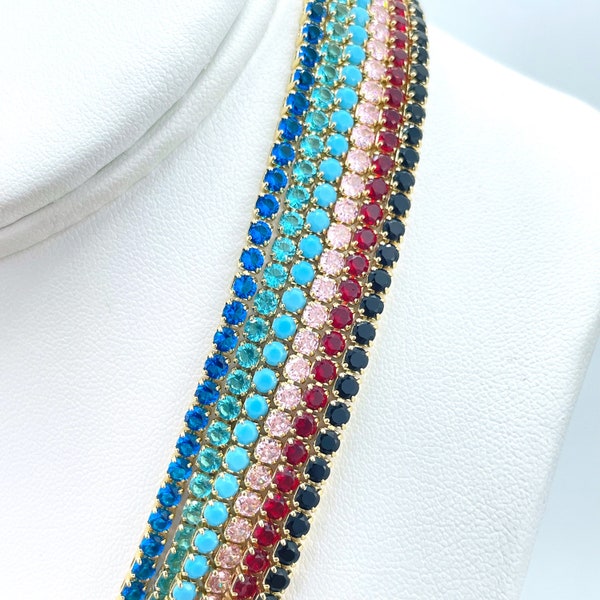 18k Gold Filled 3mm Cubic Zirconia Tennis Chain Necklace, Black, Red, Pink, Turquoise or Blue Rhinestone, 18 Inches, Wholesale Jewelry