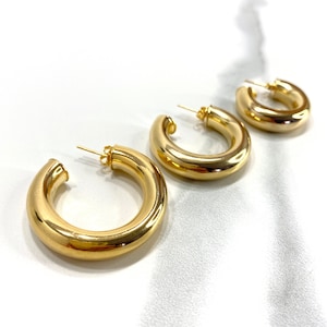 18k Gold Filled Donut Tubular Open Hoop Earrings 25mm, 30mm, 35mm, 45mm, C-Hoops Push Back Closure Wholesale Jewelry Supplies