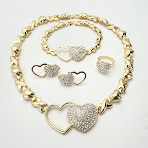 18k Gold Filled Double Hearts with Cubic Zirconia, XoXo Hug and Kisses Shape Set, 04 Pieces, Wholesale Jewelry Making Supplies