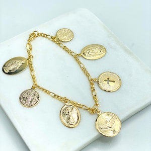 Bracelet à breloques médailles religieuses en or 18 carats, La Milagrosa, Virgen Guadalupe, El Divino Nino, Colombe, Notre père