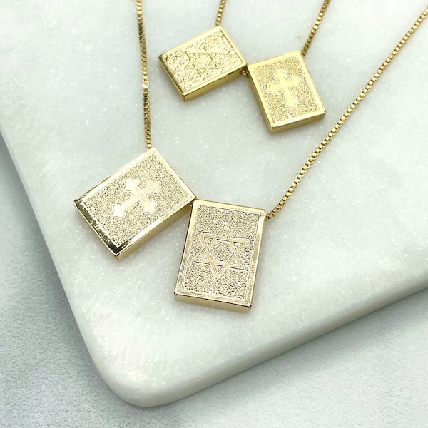 18k Gold Filled Escapulario, Scapular Necklace with Rectangular Cross and Star of David, Religious Jewelry, Wholesale Jewelry Supplies