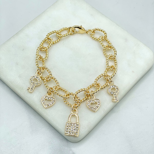 18k Gold Filled 7mm Twisted Curb Link Chain with Cubic Zirconia Charms Bracelet, Hearts, Keys & Lock, Wholesale Jewelry Making Supplies