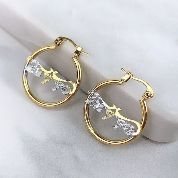 18k Gold Filled 23mm Hoop Earrings Two Tone, Tu y Yo Spanish Words, Wholesale Jewelry Making Supplies