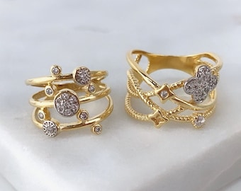 18k Gold Filled CZ Cubic Zirconia Clover Flower or Bezel Round Ring Wholesale Jewelry Supplies