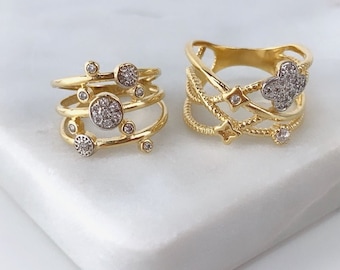 18K Gold Filled Ring, CZ Multi Row Band, Choose Style Bubbles or Stars
