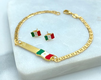 18K Gold Filled Mexico Flag ID Bracelet, Enamel Mariner Link Chain