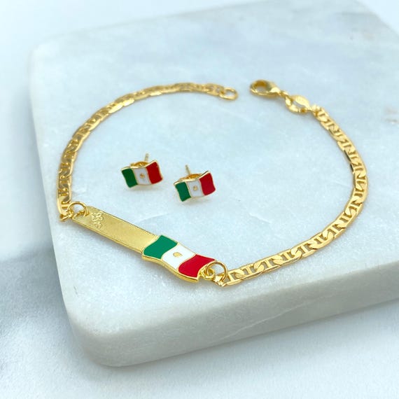 18K Gold Filled Mexico Flag ID Bracelet, Enamel Mariner Link Chain