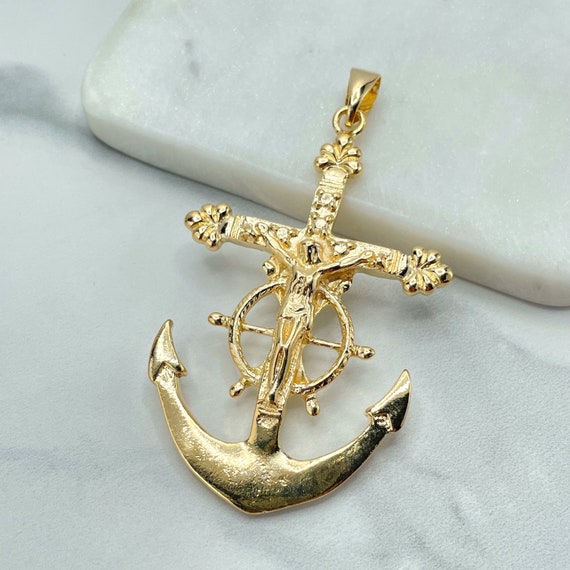 18K Gold Filled Nautical Crucifix Pendant, Anchor Wheel Design