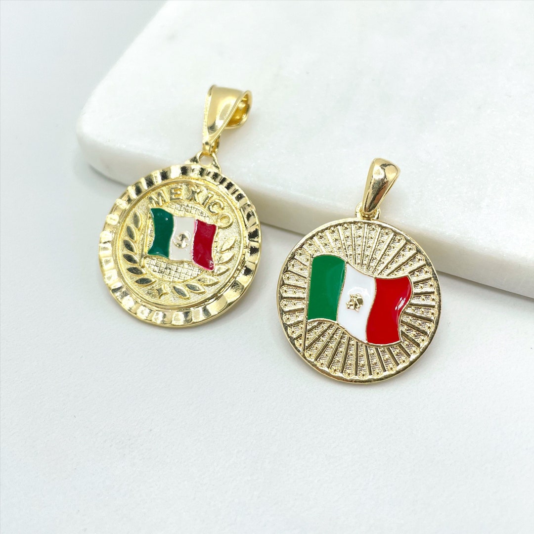 18k Gold Filled Texturized Mexico Flag Colored Medal Pendant