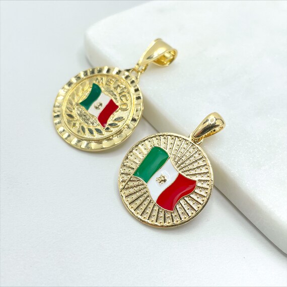 18k Gold Filled Texturized Mexico Flag Colored Medal Pendant