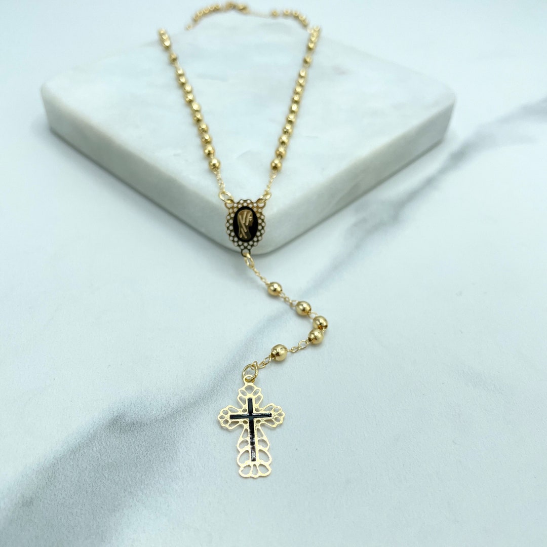 18k Gold Filled Rosary Gold Beads 17.5 Inches Necklace, Black Enamel