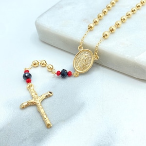 18k Gold Filled Virgen De Guadalupe Rosary, Our Lady of Guadalupe Medal Rosary, Linked with Gold Balls and Azabache, Wholesale Jewelry