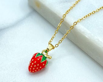 Enamel Strawberry Pendant Necklace, Stainless Steel Fruit Jewelry