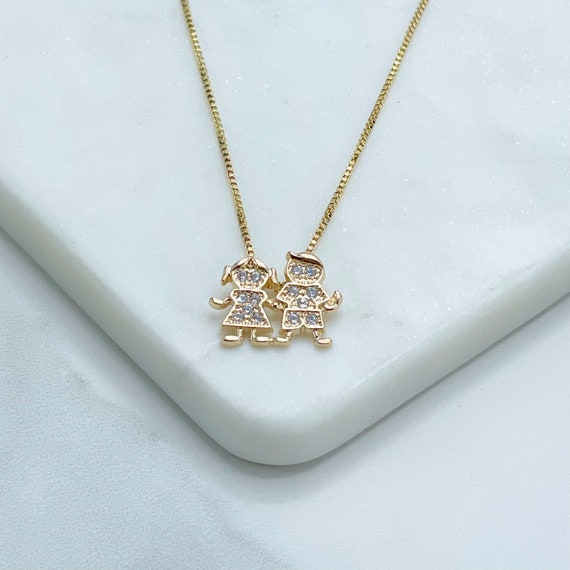 18k Gold Filled 1mm Box Chain Two Kids Girl and Boy Holding Hands