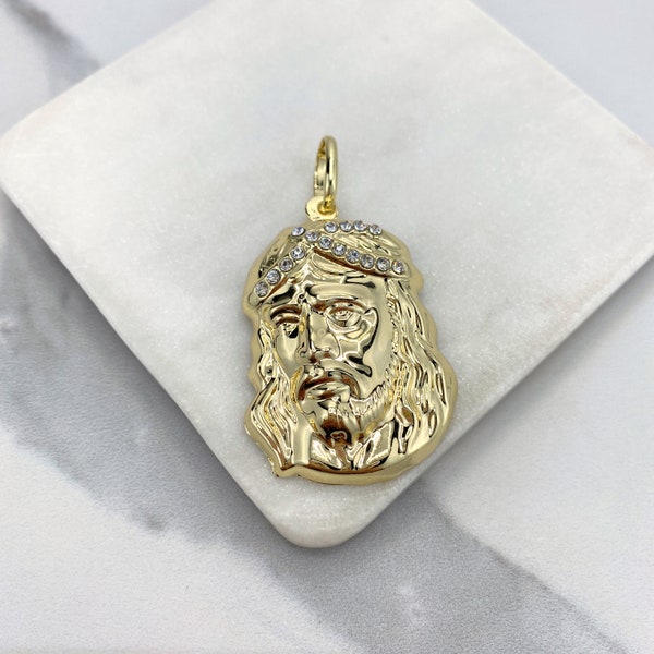 18k Gold Filled 3D Puffed Jesus Christ Face Pendants Charm, With Cubic Zirconia, Religious Jewelry, Wholesale Jewelry Making Supplies