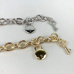 Chunky 18k Gold Filled Oval Link Chain Charms Bracelet Featuring Lock and Key, Gold or Silver, Wholesale Jewelry Supplies