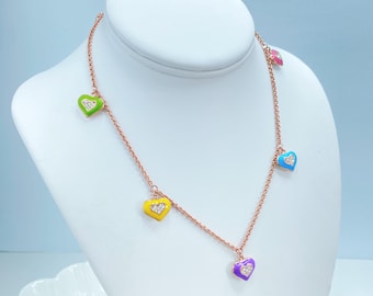 Rose Gold Filled Multicolor Heart Necklace, Enamel CZ Charm Chain