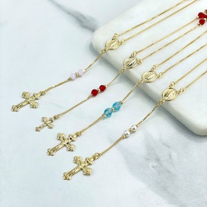18k Gold Filled Virgen Milagrosa, Our Lady of Miracles Red Beads Rosary Necklace Religious Protection Jewelry, Wholesale Jewelry Supplies