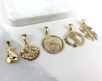 Pièce de monnaie en or 18 carats, sac d'argent, ronds et symbole monétaire de 1,2 à 1,8 pouces, pendentifs à breloques, vente en gros de fournitures pour la fabrication de bijoux