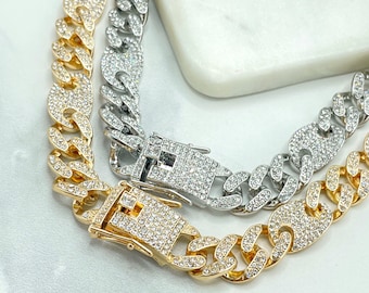 14k Gold Filled 13mm Iced Cuban Link & Mariner Link Chain, Double Safety Lock Box Cubic Zirconia Chain and Bracelet SET, Wholesale Jewelry