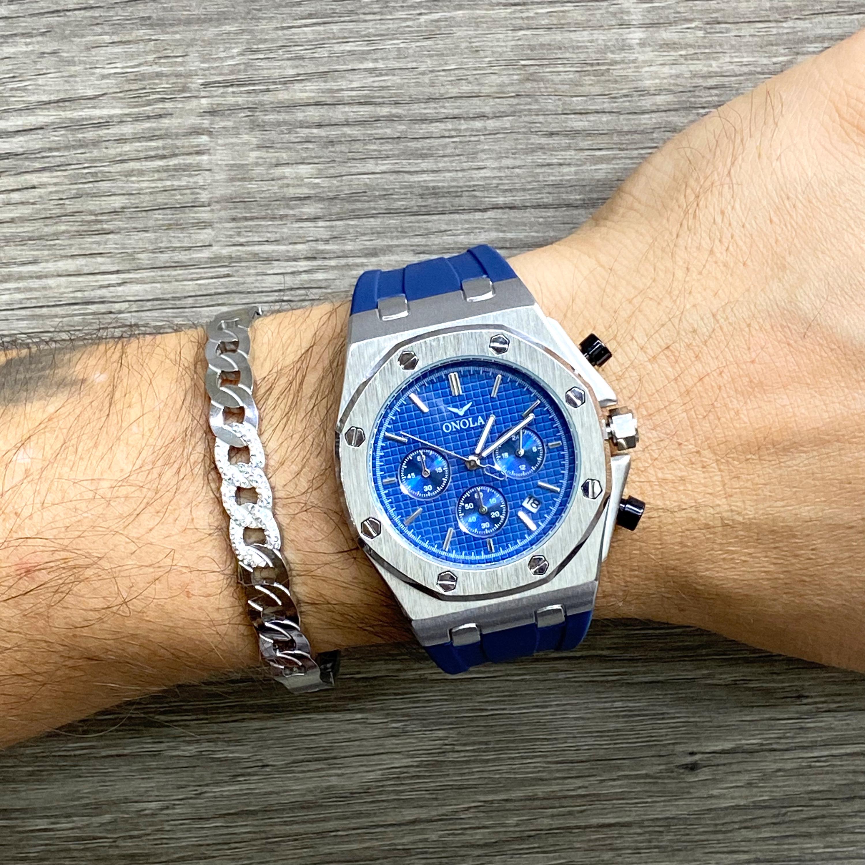 ONOLA Octagon Chronograph Watch, Blue Rubber, Stainless Steel - Etsy
