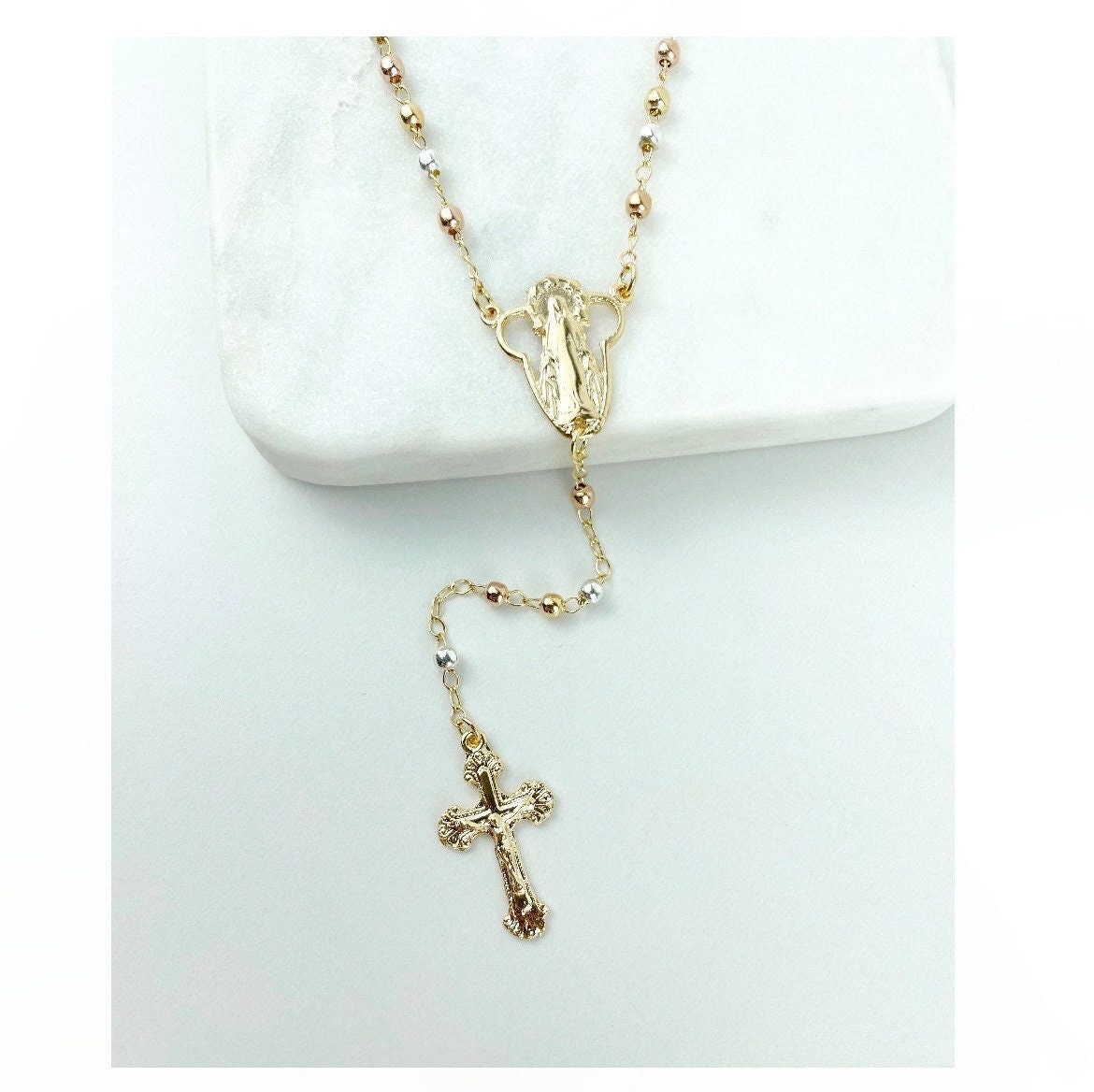 18k Gold Filled Virgen Milagrosa Three Tone Rosary With Crucifix, 20 Inches, Wholesale Jewelry Making Supplies