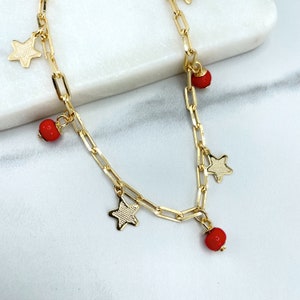 18k Gold Filled Anklet, 3mm Paperclip Chain with Dangle Red Beads & Gold Stars Anklet, Wholesale Price Jewelry Supplies