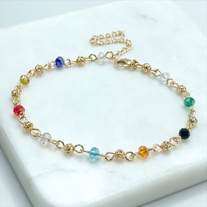 18k Gold Filled Multicolor Crystal Beads Charm and Gold Balls Charm Bracelet, Linked Colorful Beads Bracelet, Wholesale Jewelry