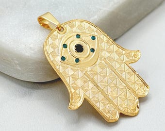 18K Gold Filled Hamsa Hand Pendant, CZ Evil Eye Charm Unisex